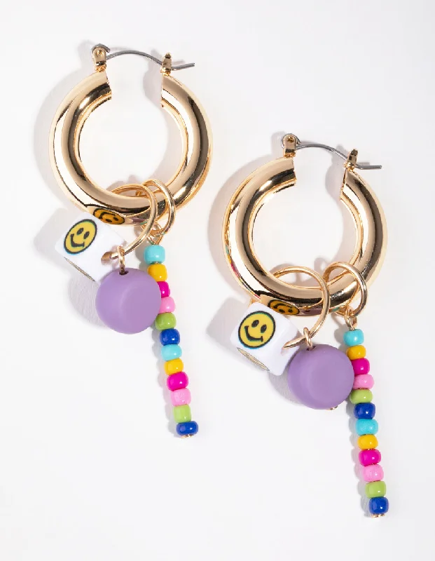 Pearl drop earrings for women -Gold Smiley Dice Beaded Hoop Earrings