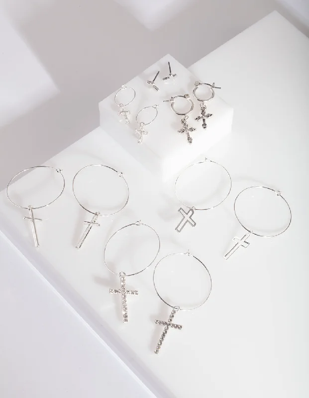 Chunky hoop earrings for women -Silver Cross Hoop Earring Pack