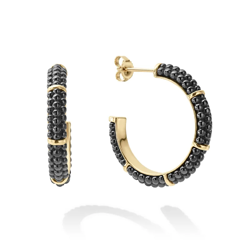 Designer pearl earrings for women -Black Caviar 18K Gold Station Ceramic Beaded Hoop Earrings