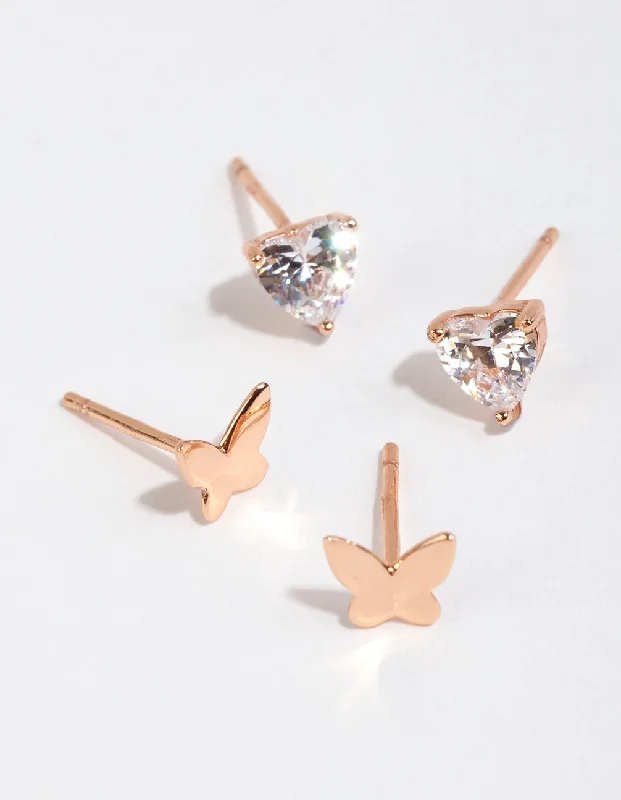 Fashionable earrings for women -Rose Gold Plated Sterling Silver Butterfly Stud Set