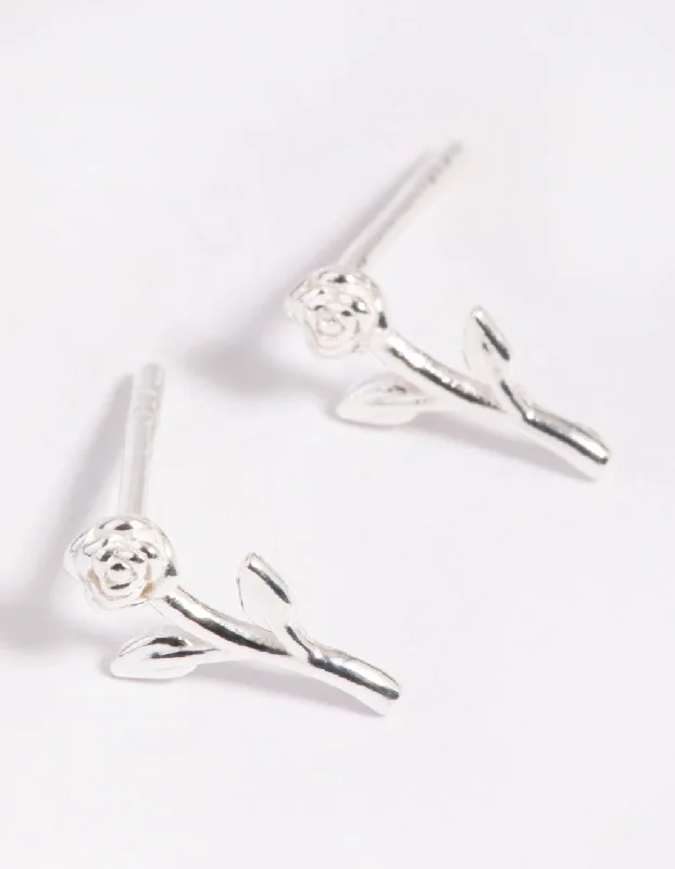 Bridal crystal earrings for women -Sterling Silver Rose Stud Earrings