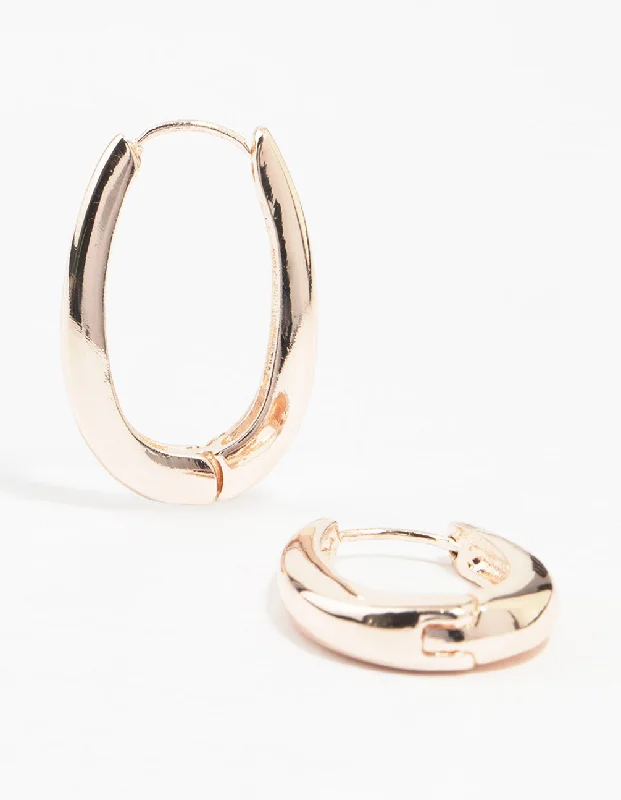 Hoop earrings for women -Rose Gold Plated Long Oval Plain Hoop Earrings