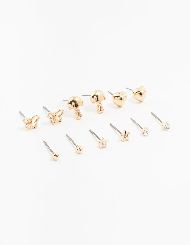 Gold stud earrings for women -Kids Gold Butterfly Stud Earrings 6-Pack