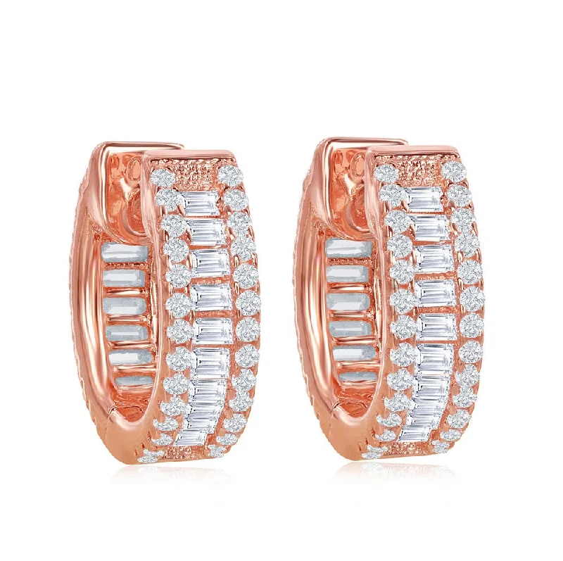 Gemstone earrings for women -Sterling Silver Baguette CZ Small Hoop Earrings - Rose Gold Plated