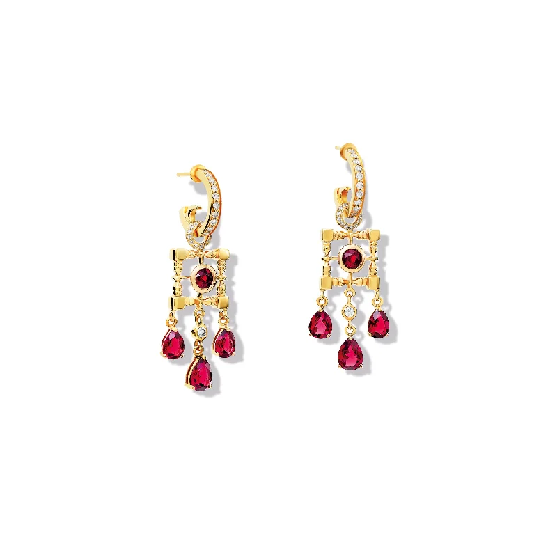 Gold and diamond earrings for women -Mashrabiya Trellis Earring Drops Yellow Gold - Rhodolite Garnet & Diamond