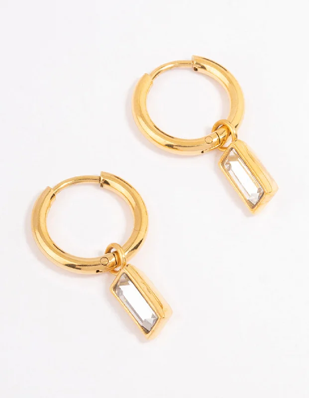 Women’s crystal drop earrings -Waterproof Gold Plated Stainless Steel Classic Baguette Huggie Earrings