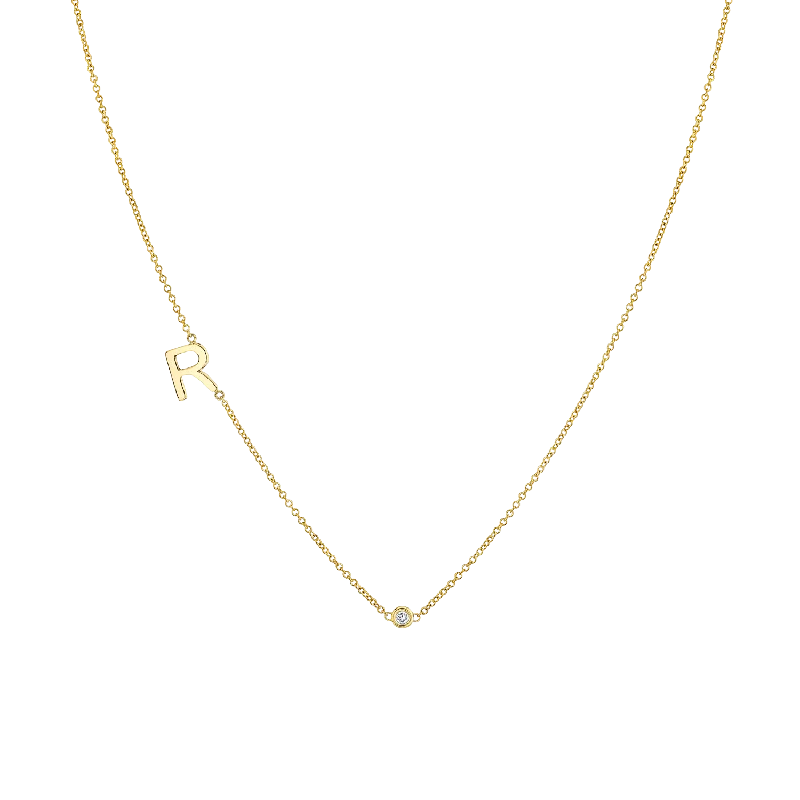 Boho style necklaces for women -Single Letter Diamond Bezel Necklace