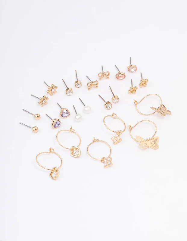 Custom earrings for women -Gold Stone Bow & Floral Earring 12-Pack