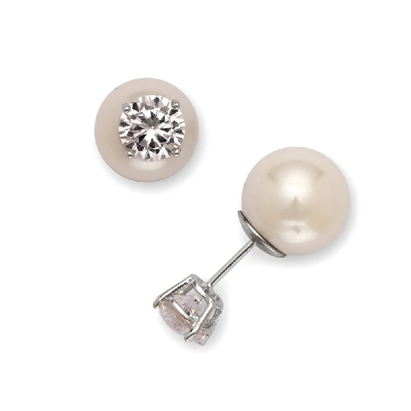 Designer earrings for women -Sterling Silver 6mm Clear CZ with 10mm Simulated White Pearl  Earrings