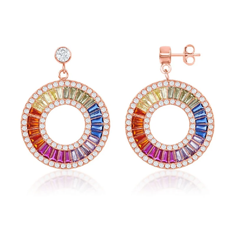 Bridal earrings for women -Sterling Silver Rainbow Baguette CZ Open Circle Earrings - Rose Gold Plated