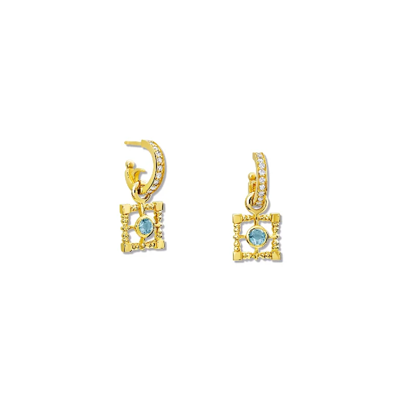 Chunky stud earrings for women -Mashrabiya Trellis Square Earring Drops Yellow Gold - Blue Topaz