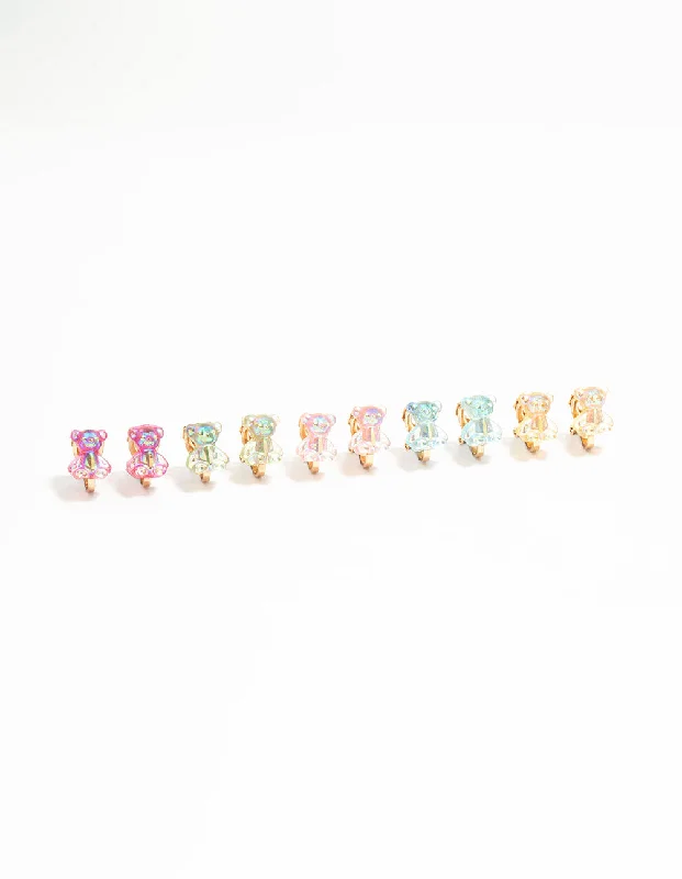 Gold stud earrings for women -Gold Gummy Bear Clip On Earrings 5-Pack