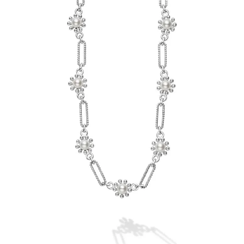 Sparkling diamond necklaces for women -Lagos Sterling Silver Fleur Pearl Link Necklace, 18"