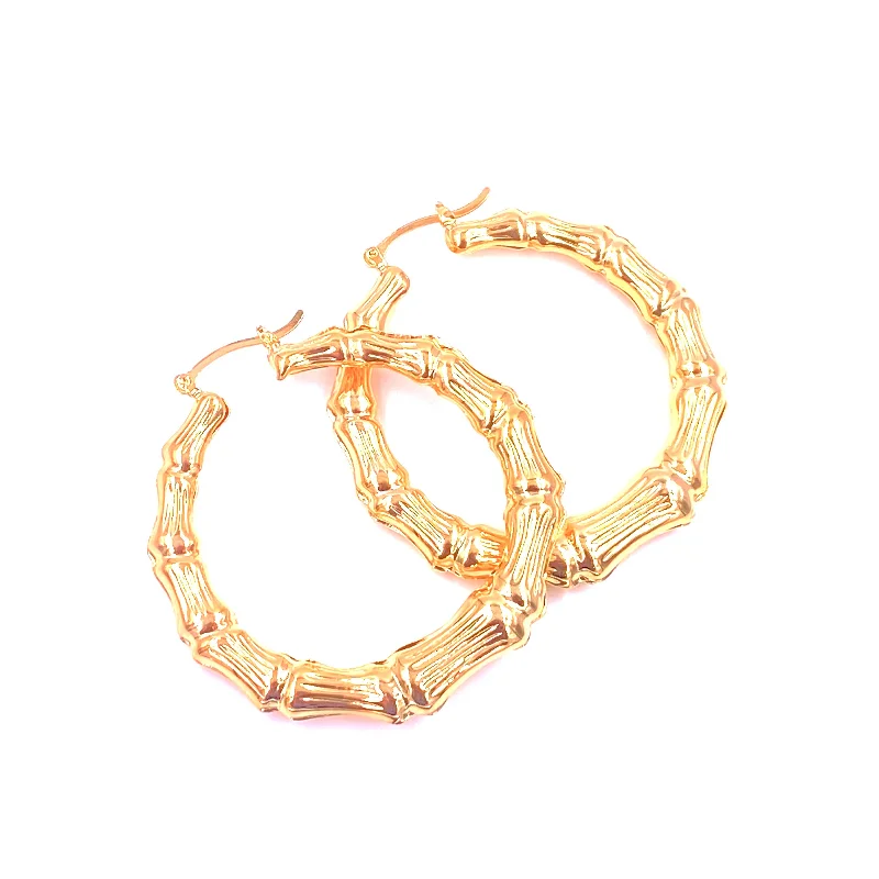 Designer drop earrings for women -Ashley Gold Stainless Steel Gold Plated 1" Bamboo Hoop Earrings