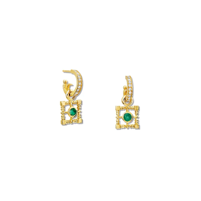 Diamond hoop earrings for women -Mashrabiya Trellis Square Earring Drops Yellow Gold - Emerald