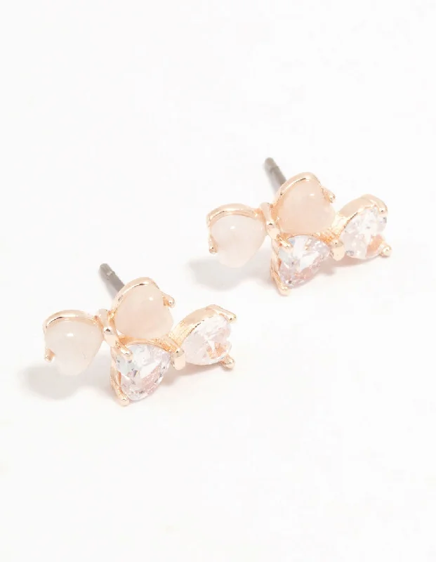 Sterling silver earrings for women -Rose Gold Plated Double Pink & Cubic Zirconia Bow Stud Earrings