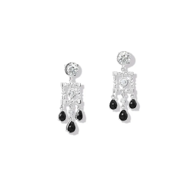 Women’s geometric earrings -Mashrabiya Trellis Halo Earring Drops 18ct White Gold - Black Jade & Diamond