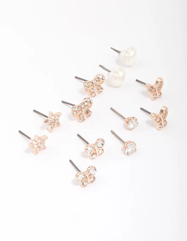 Pearl drop earrings for women -Kids Rose Gold Diamante Butterfly Stud Earring 6-Pack