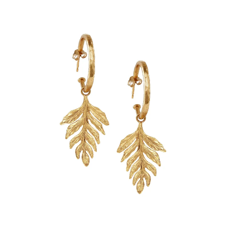 Chunky stud earrings for women -Gold Fern Drop Hammered Hoop Earrings