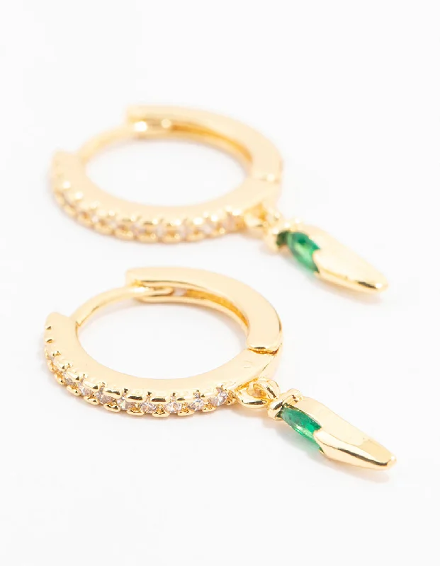 Diamond drop earrings for women -Gold Plated Emerald & Cubic Zirconia Pointed Pear Huggie Earrings