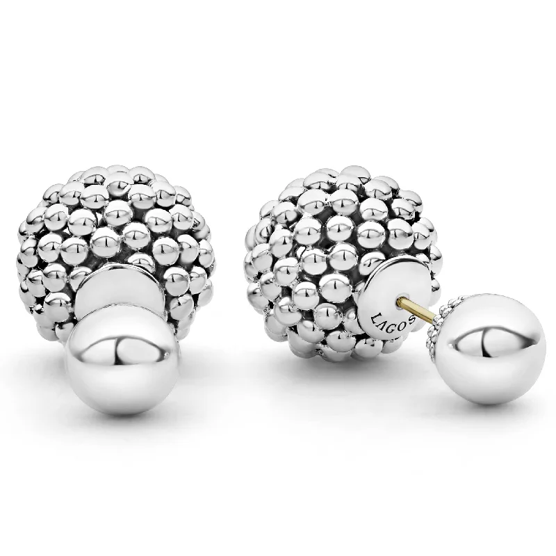 Geometric stud earrings for women -Signature Caviar Silver Beaded Front-Back Earrings