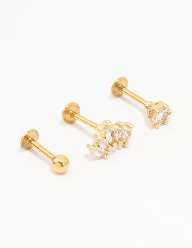 Drop earrings for women -Gold Plated Surgical Steel Marquise Ball Flat Back 3-Pack