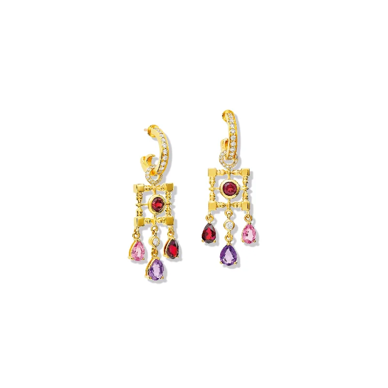 Simple heart earrings for women -Mashrabiya Trellis Earring Drops Yellow Gold - Garnet, Amethyst, Pink Tourmaline & Diamond