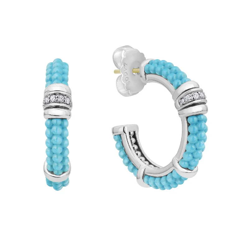 Elegant gemstone earrings for women -Blue Caviar Ceramic and Diamond Hoop Earrings