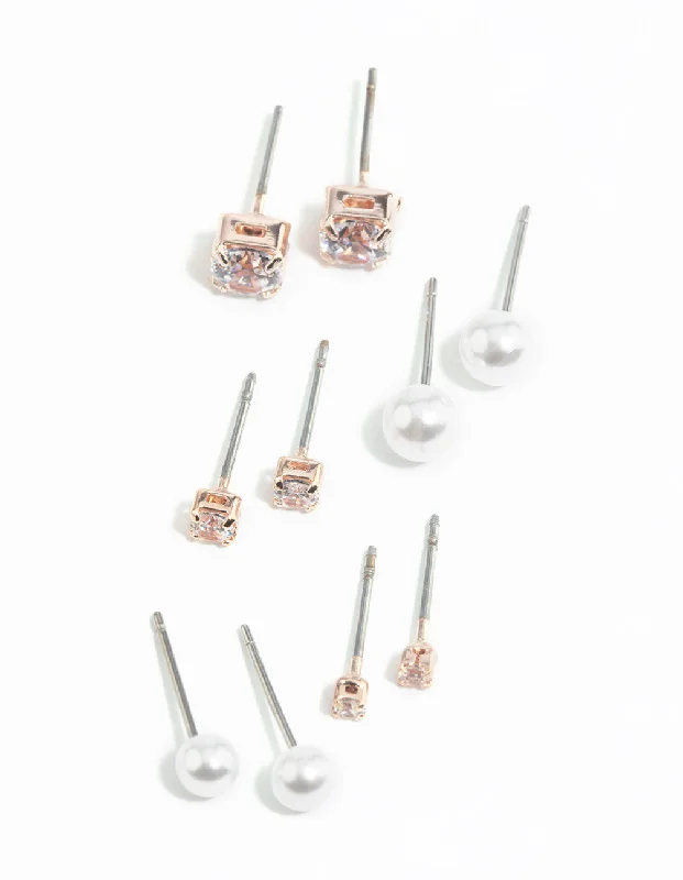 Trendy hoop earrings for women -Rose Gold Diamante Stud Earring 5-Pack