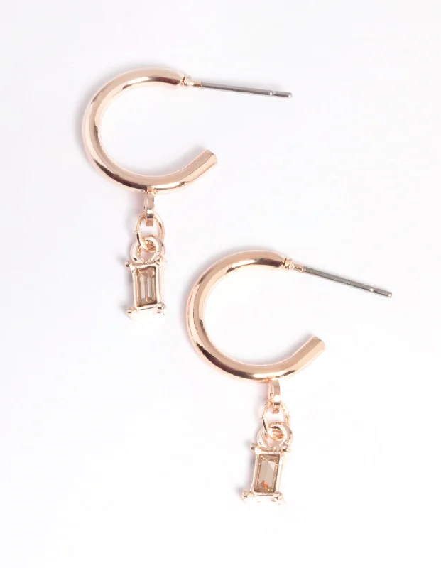 Women’s geometric earrings -Rose Gold Stone Drop Huggie Earrings