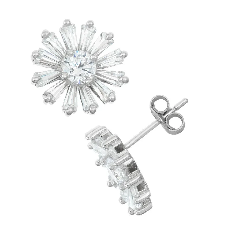 Fashionable earrings for women -Sterling Silver Baguette CZ Daisy Stud Earrings