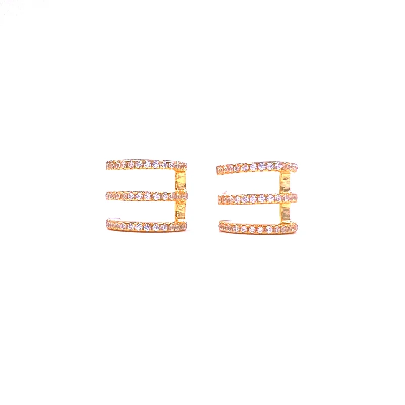 Minimalist earrings for women -Ashley Gold Sterling Silver Gold Plated CZ Triple Bar Earrings