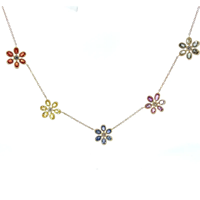 Necklace with gemstone charms for women -John Apel Multi Color Sapphire And Diamond Floral Necklace