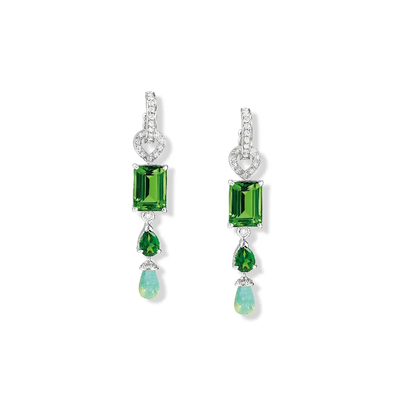 Custom name earrings for women -Octavia Earring Drops 18ct White Gold - Chrome Diopside, Green Tourmaline, Opal & Diamond