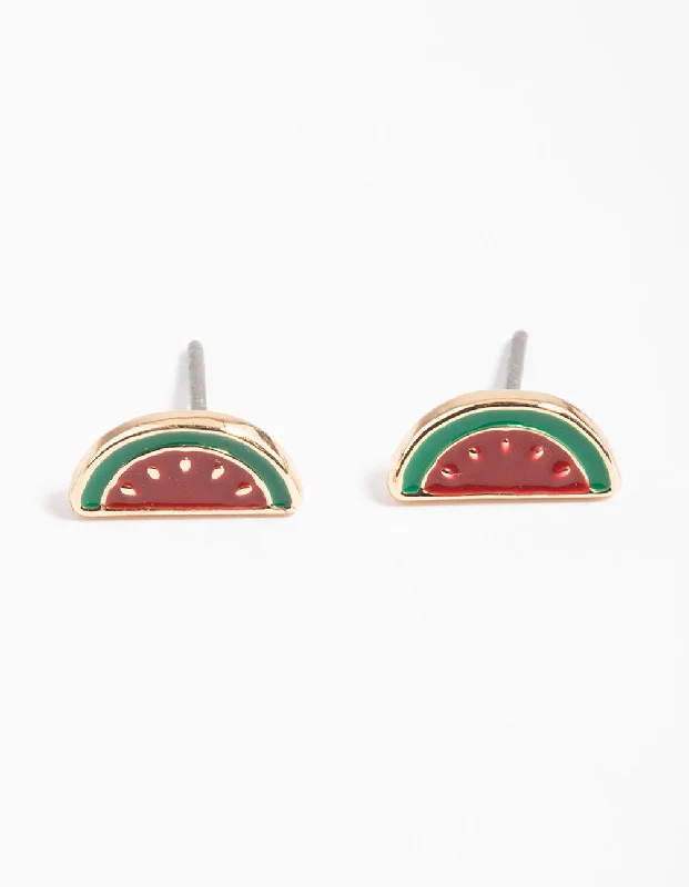 Rose gold earrings for women -Gold Enamel Watermelon Stud Earrings