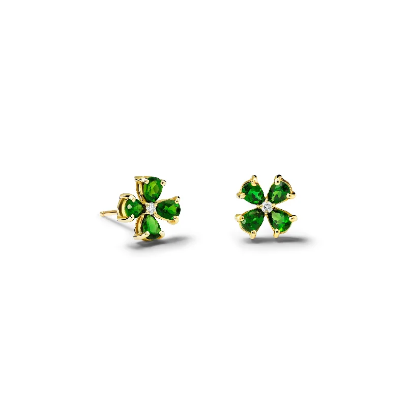 Diamond drop earrings for women -Klover Small Stud Earrings Yellow Gold - Chrome Diopside & Diamond