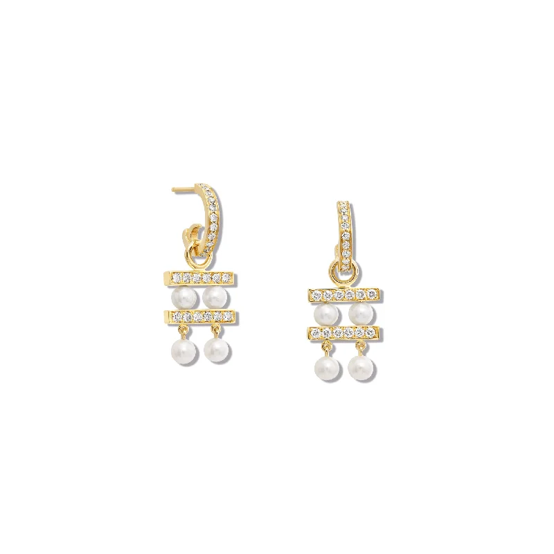 Statement drop earrings for women -Couture Double Earring Drops Yellow Gold - Diamond Pavé & Pearl