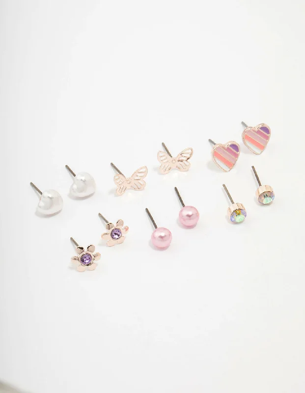 Custom-made earrings for women -Kids Rose Gold Heart & Butterfly Stud Earring Pack