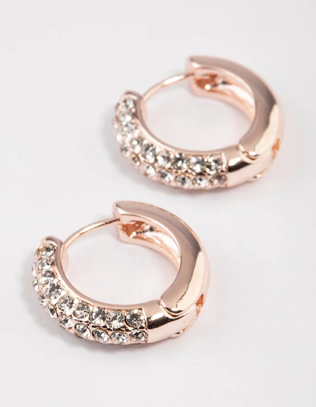 Chunky earrings for women -Rose Gold Diamante Mini Hoop Earrings