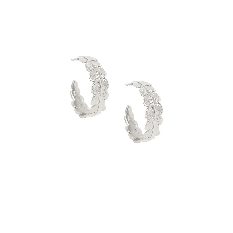 Earrings with emerald for women -Silver Crown Fern Hoop Earrings