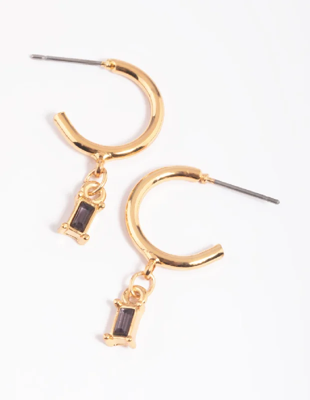 Statement drop earrings for women -Black Stone Huggie Hoop Earrings