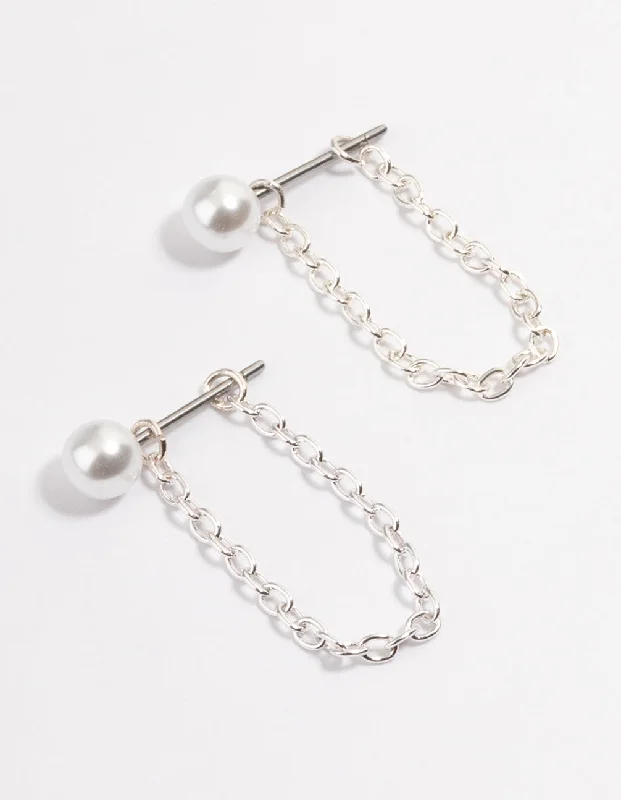 Long earrings for women -Silver Pearl Chain Front & Back Earrings