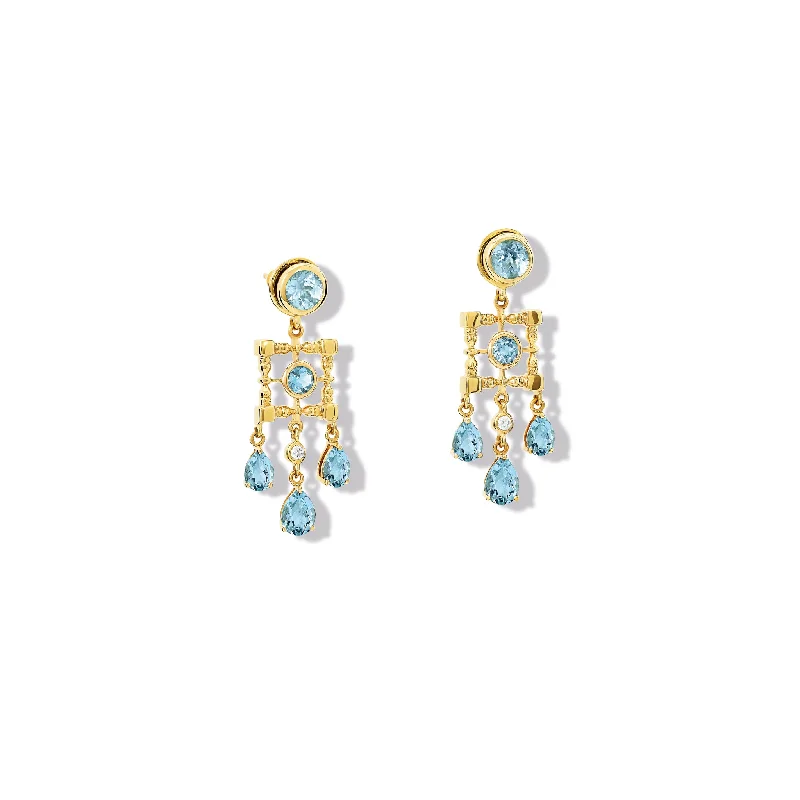 Hoop diamond earrings for women -Mashrabiya Trellis Halo Earring Drops Yellow Gold - Blue Topaz & Diamond