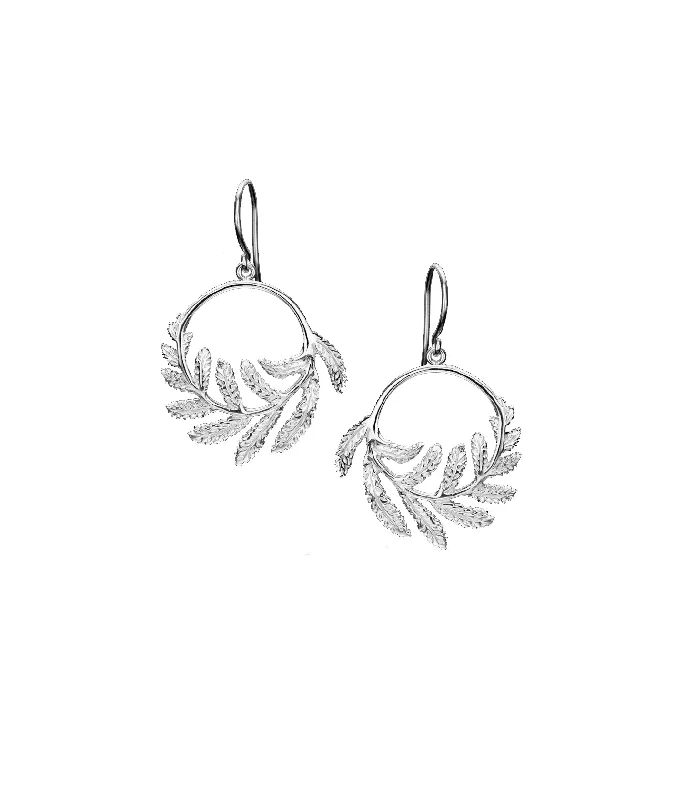 Custom-made earrings for women -Silver Fern Hoop Earrings