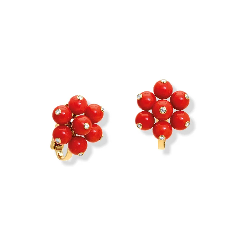 Chandelier earrings for women -Cavolfiore Earrings 18ct Yellow Gold - Red Coral & Diamond