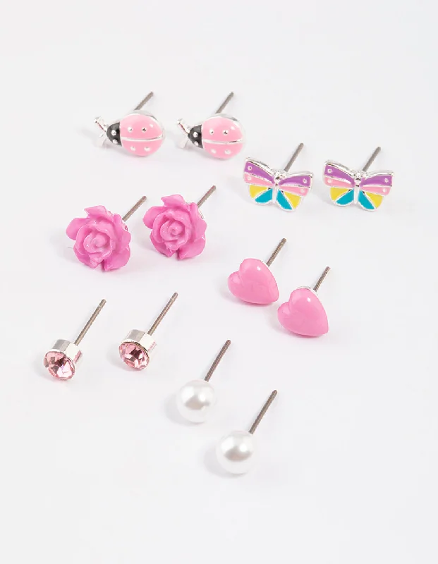 High-end earrings for women -Kids Pink Rose Stud Earrings 6-Pack