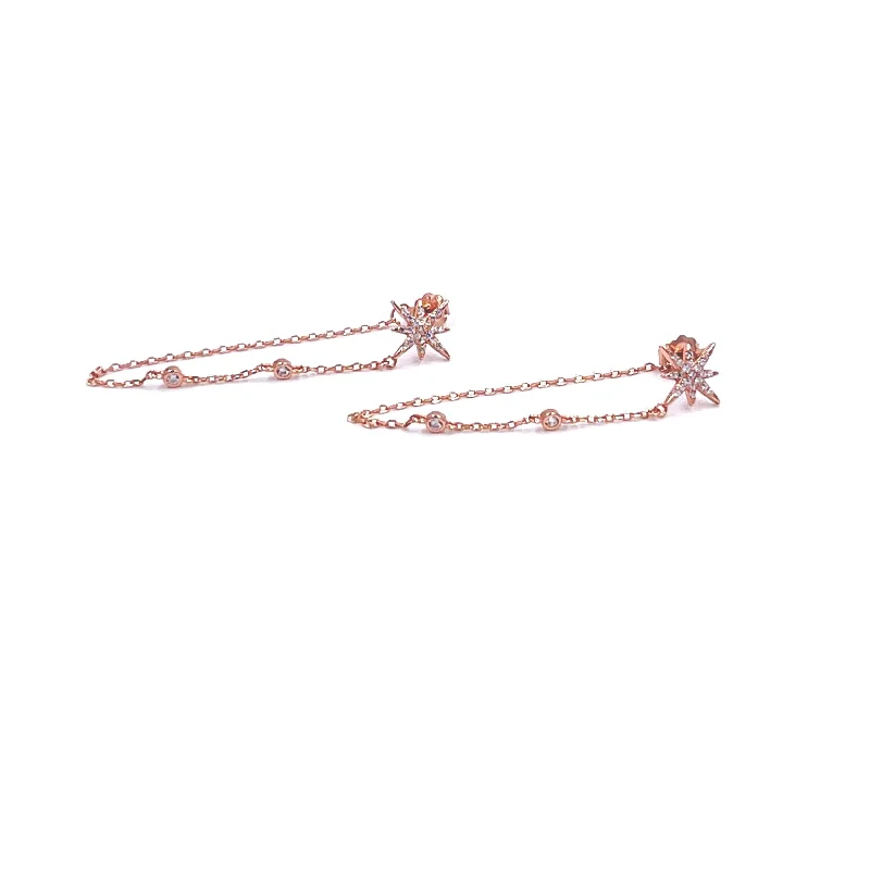 Large hoop earrings for women -Ashley Gold Sterling Silver Rose Gold Plated Starburst CZ Drop Chain Earrings