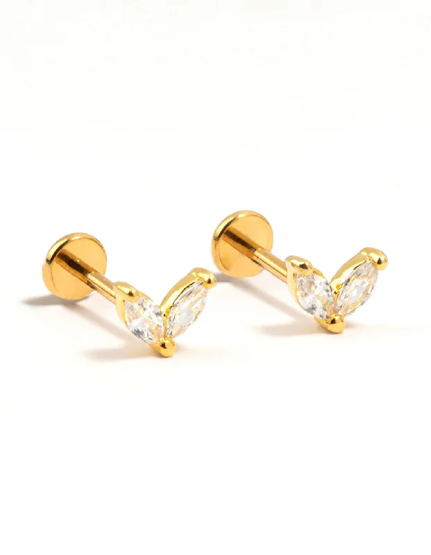 Classic gold earrings for women -Gold Plated Surgical Steel Double Leaf Flat Backs 2-Pack