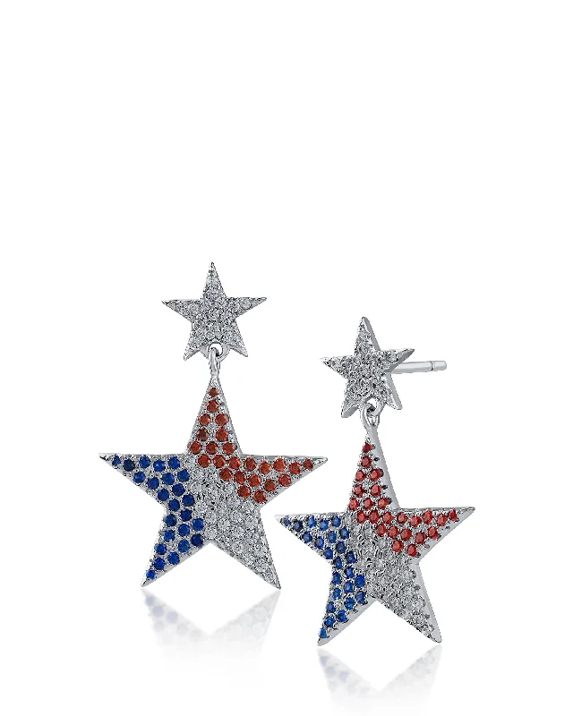 Long chain earrings for women -Pave CZ Double Star Drop Earrings