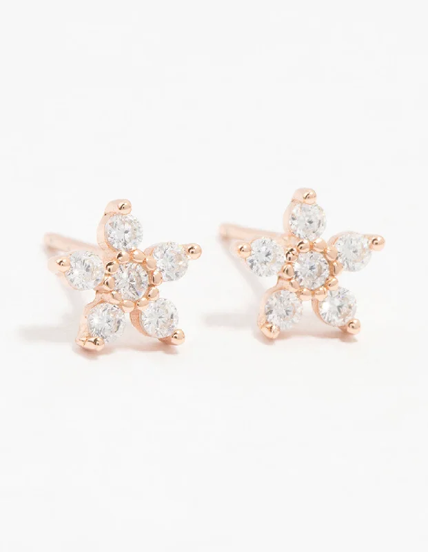 Multi-layered earrings for women -Rose Gold Plated Sterling Silver Cubic Zirconia Flower Stem Stud Earrings